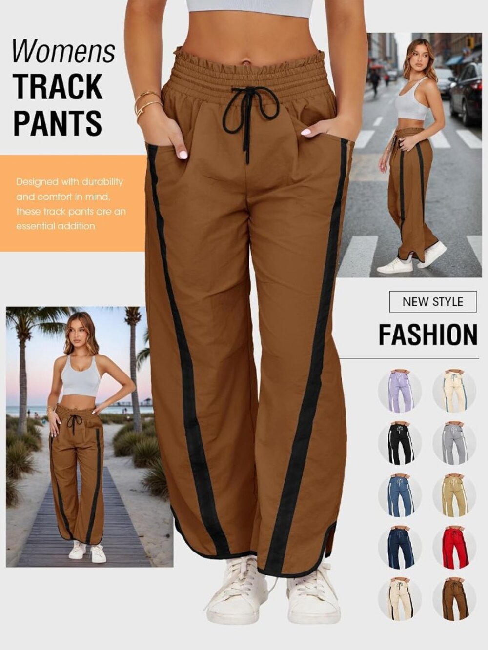 Women's Camel High Rise Baggy Wide Leg Pants Casual Drawstring Elastic Waisted - Picture 5 of 6